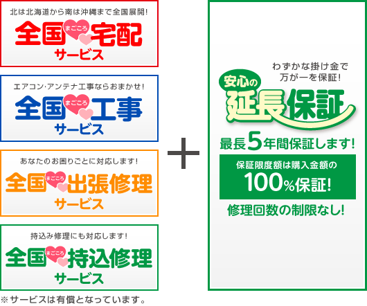 わずかな掛け金で万が一を保証！安心の延長保証　最長5年間ほしょうします！修理回数の制限なし！